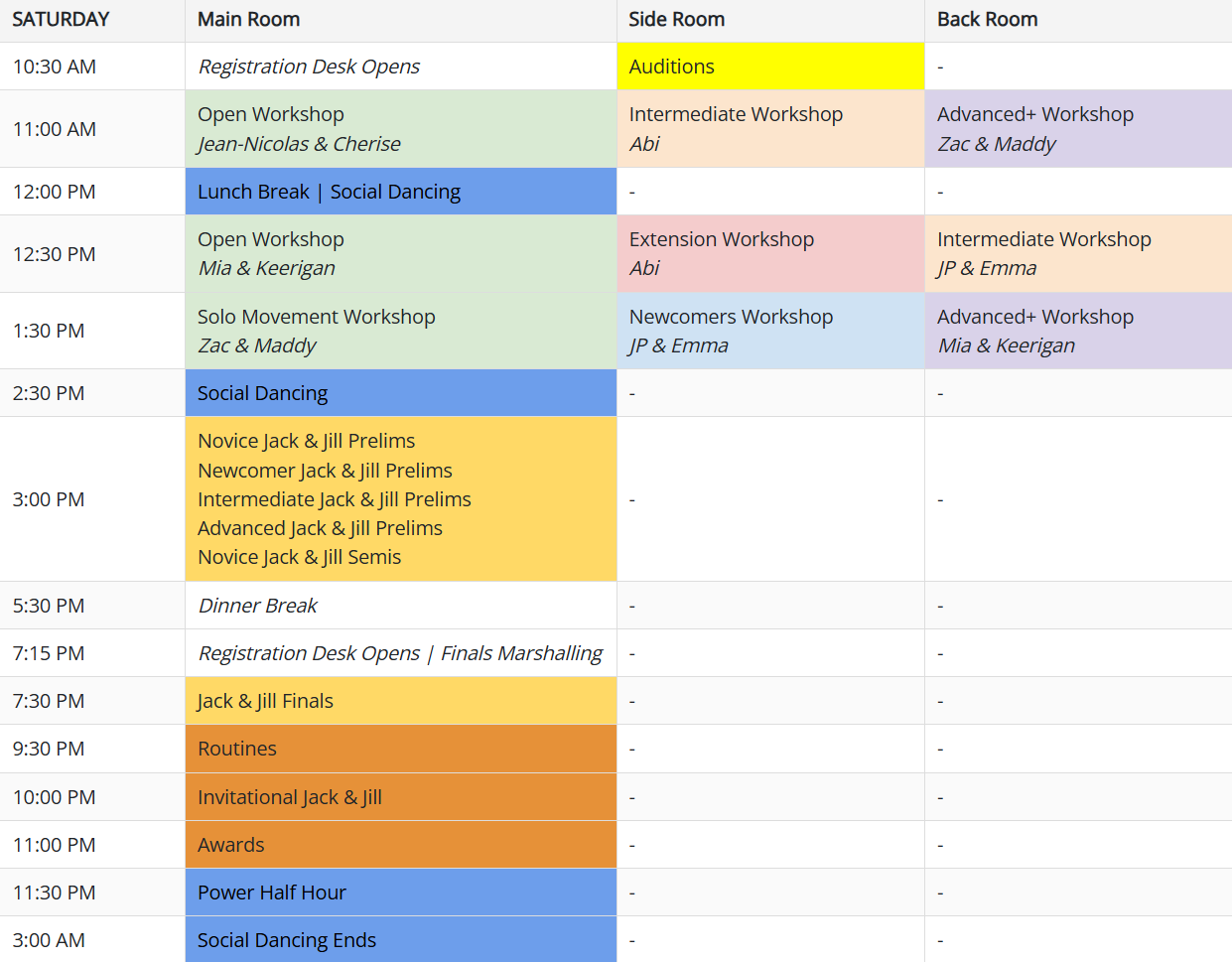 Swingvasion Schedule